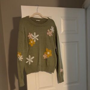 In Bloom Olive Green Floral Crewneck Sweater